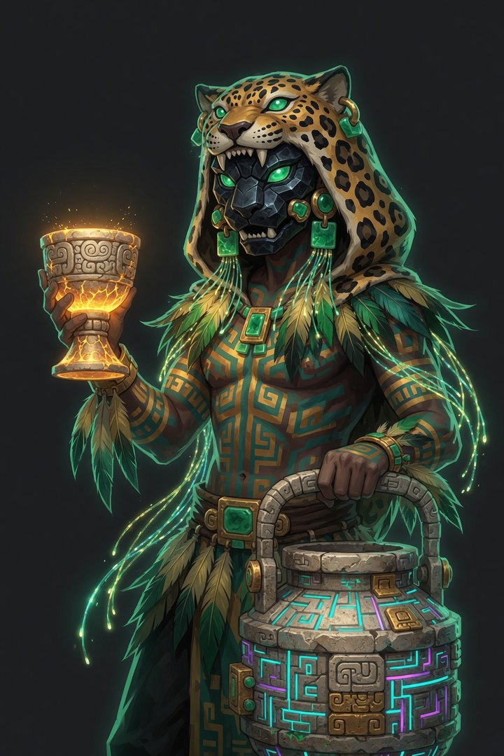 The Zero-Day brewer — a jaguar-masked cyber-shaman holding a glowing jade chalice